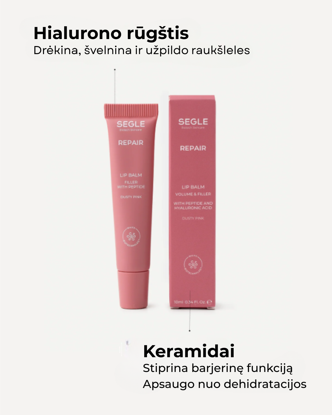 Lūpų balzamas su peptidais ir hialuronu „Dusty Pink“, 10 ml
