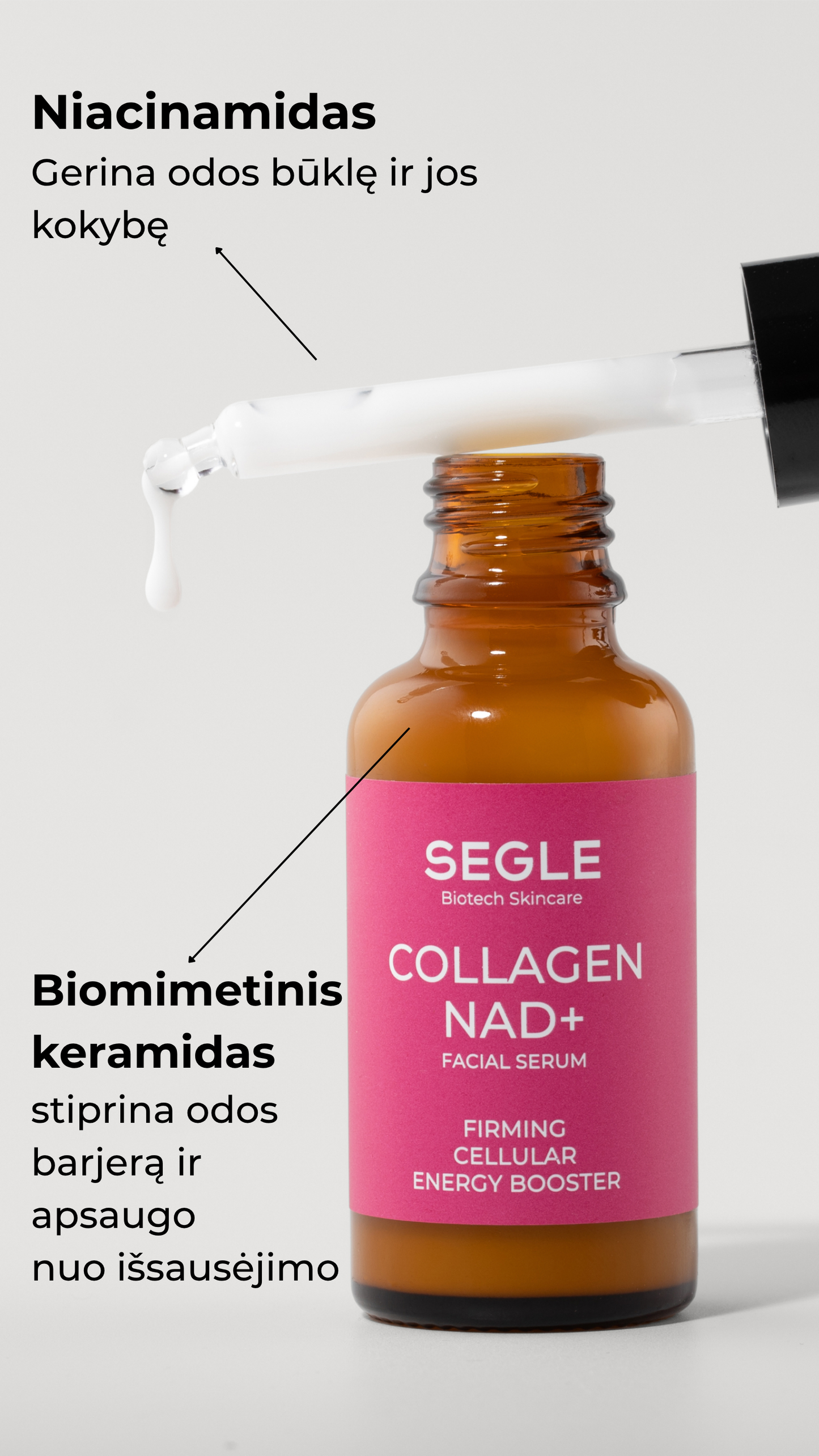 SEGLE Senėjimą stabdantis veido serumas su NAD⁺ ir kolagenu, 30 ml